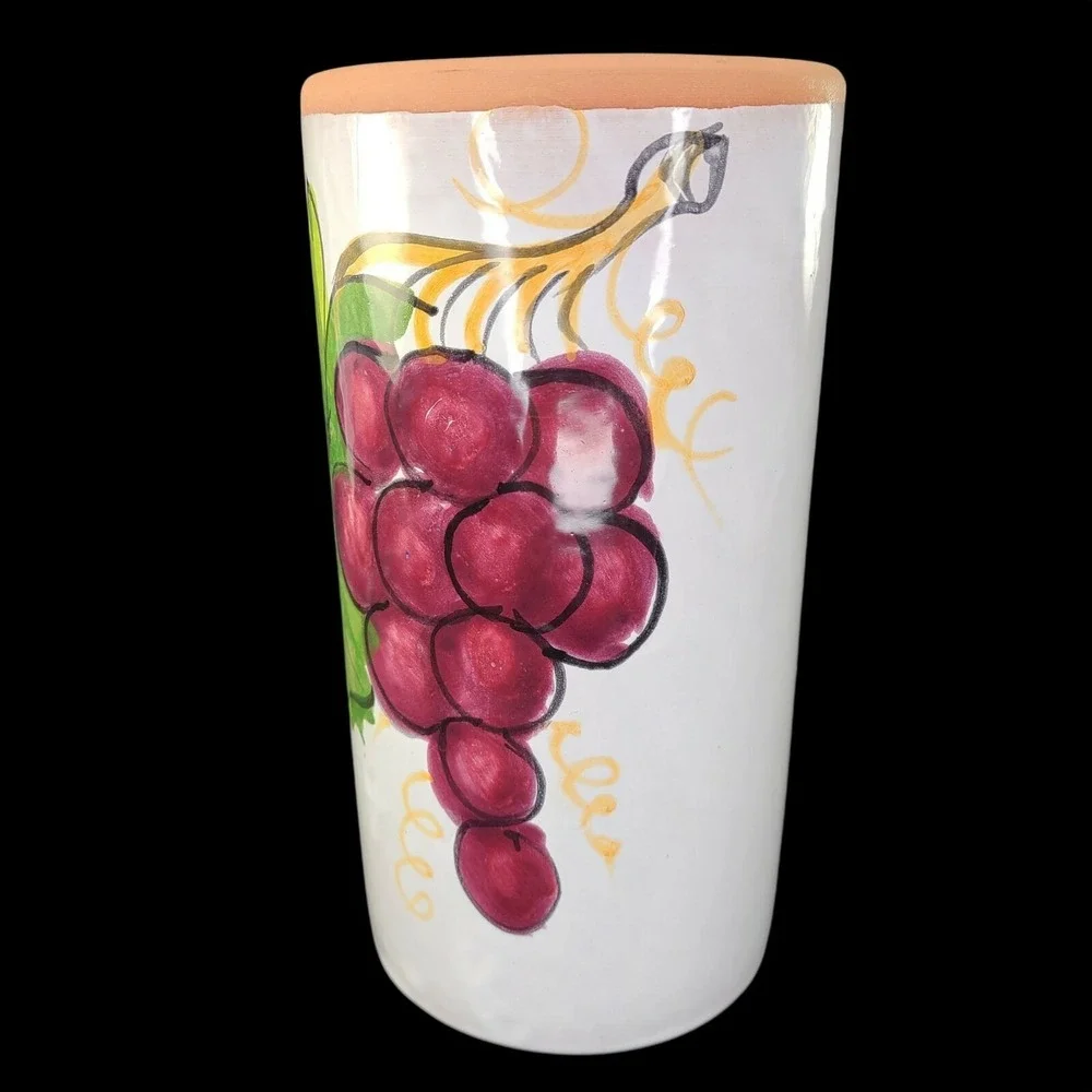 Pier 1 Terra Cotta Wine Chiller Utensil Holder Purple Grapes Hand Painted Italy